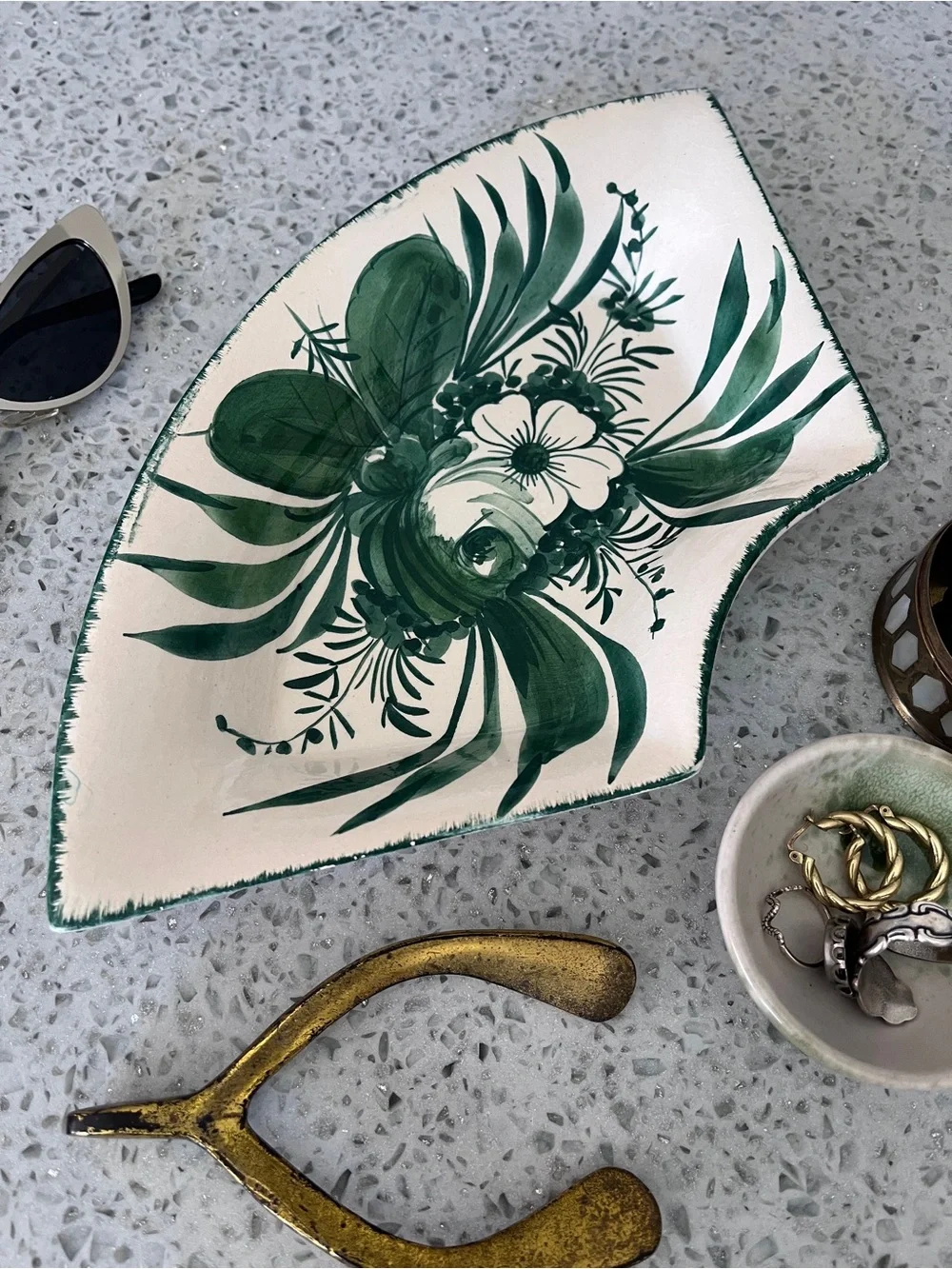 Vintage Italian Ceramic Green White Floral Jewelry Trinket Tray